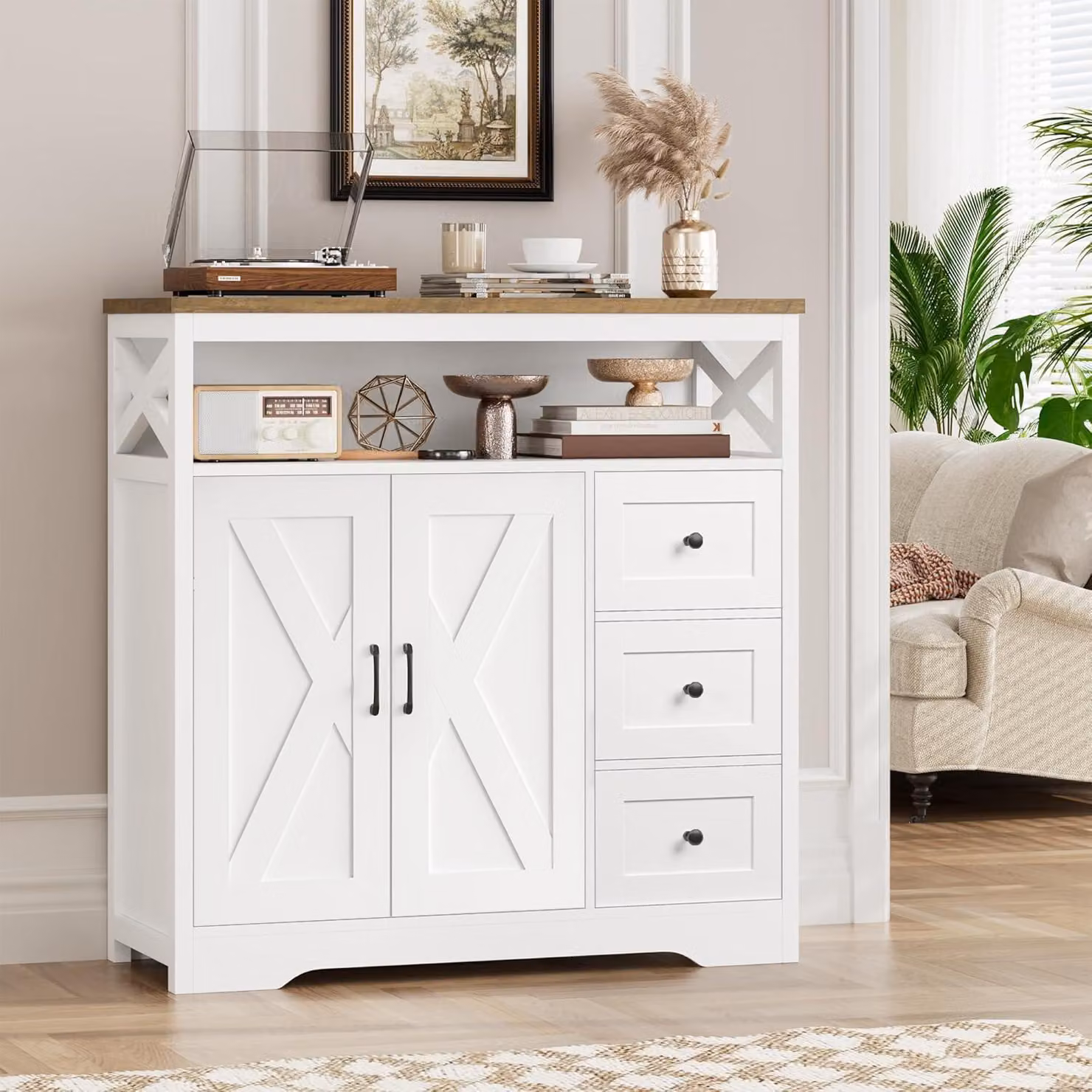 Credenza, mobile da cucina con 3 cassetti e 2 ante, cassettiera da cucina, mobile buffet con piano di lavoro per soggiorno sala da pranzo, ripiano regolabile, 100x105x40cm