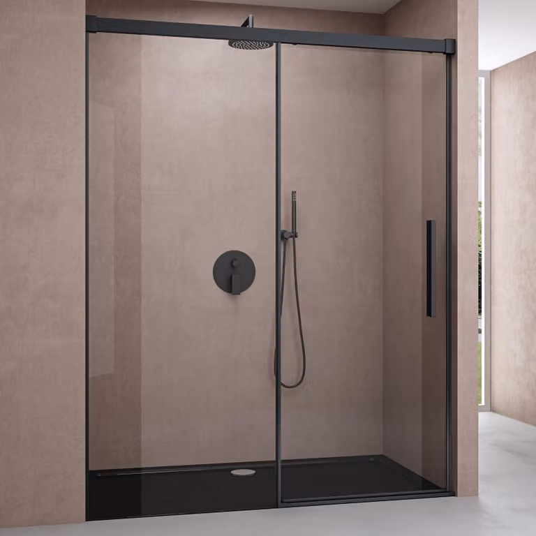 doporro Box Doccia Nicchia Porta Scorrevole Bagno 150x195 cm in Vetro Temperato Trasparente 6 mm Anticalcare con Profilo Nero Teramo12K