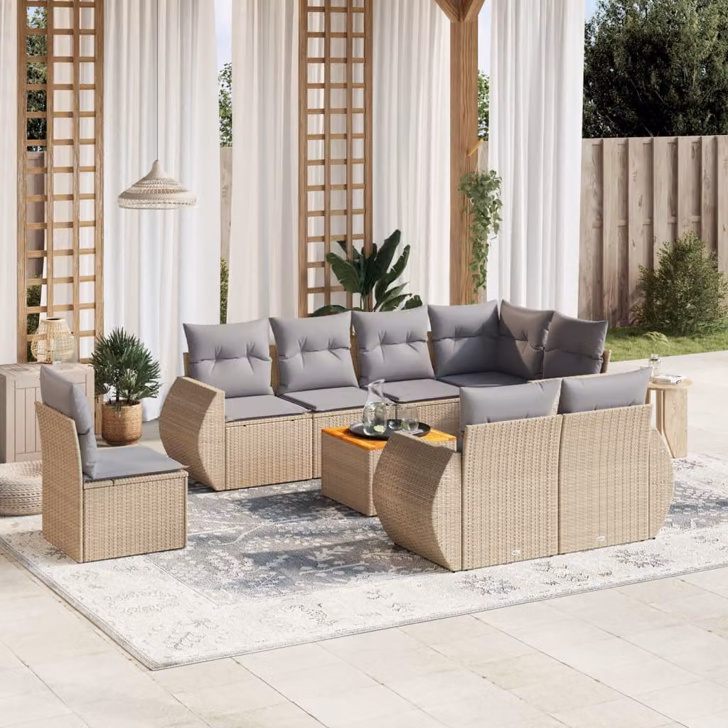 vidaXL Set Divano da Giardino a L 9 pz con Cuscini Beige e Tavolino in Polyrattan e Metallo – 1