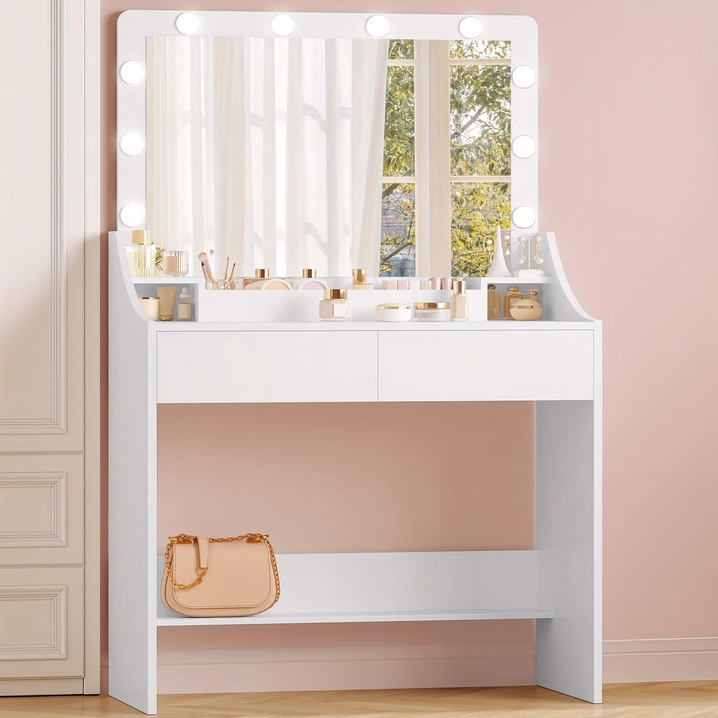 Tavolino da trucco - Specchiera da trucco - Tavolino da toilette - Specchiera per il trucco - Tavolino per il bagno - Bianco - Grande specchio con illuminazione a LED