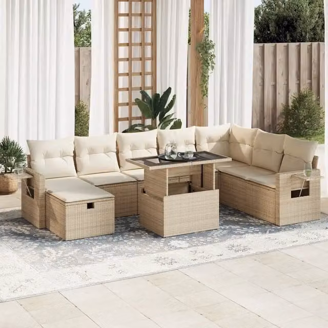 Set Divano da Giardino vidaXL 9 Pezzi in Polyrattan con Cuscini Beige e Tavolino da Caffè