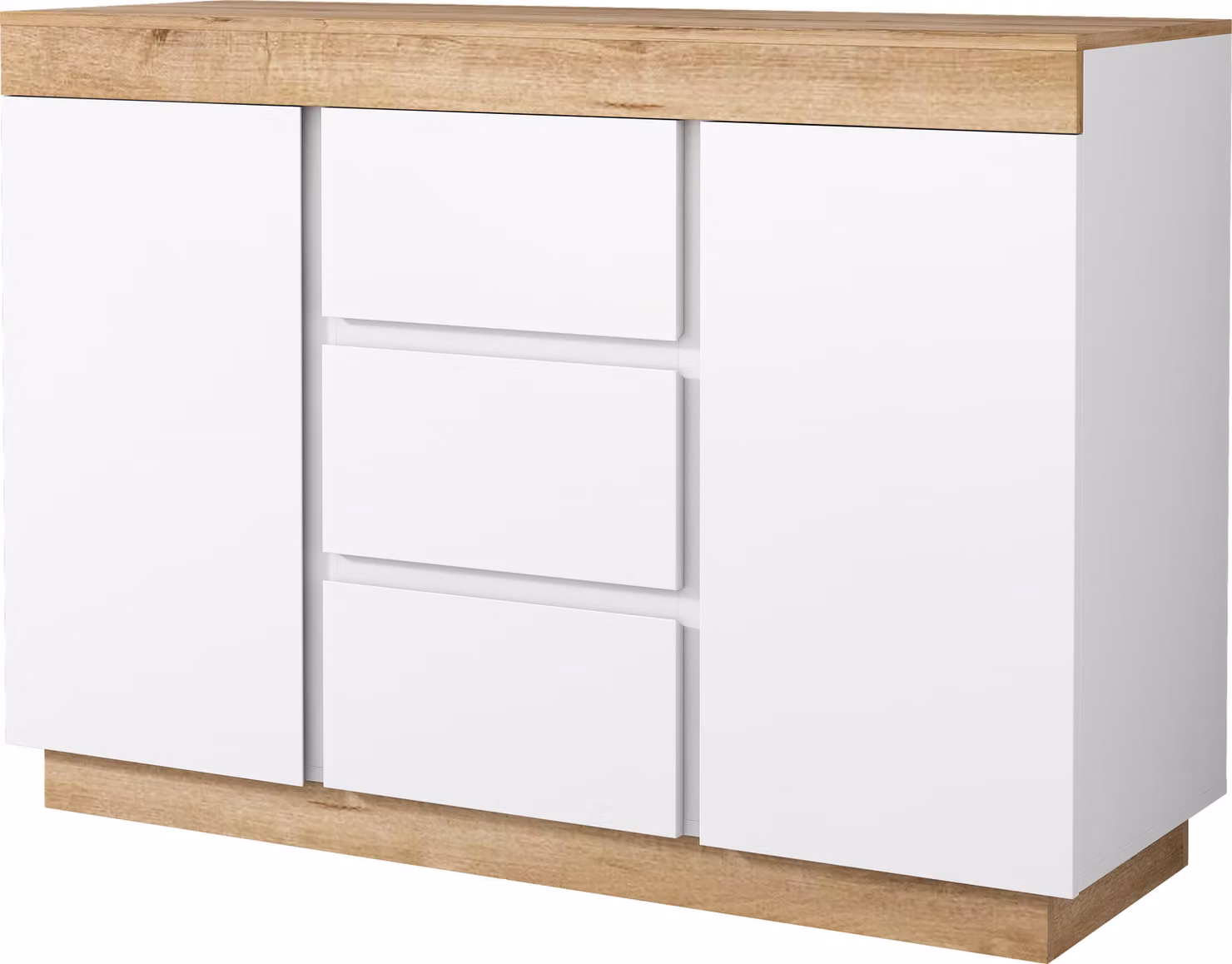 Comodà con 3 cassetti e 2 ante, serratura, funzione di contenimento, per camera da letto e soggiorno, pannello truciolare E1, bianco+rovere,