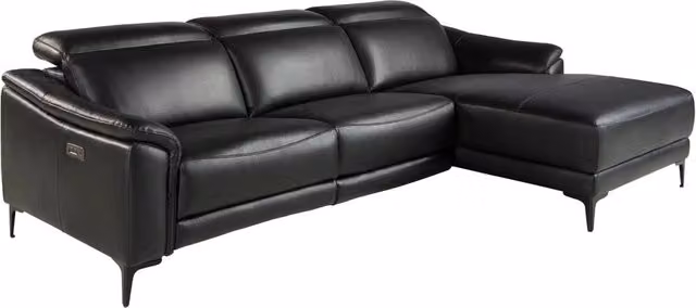 Divano relax moderno Angel Cerdá S.L. con chaise longue destra in pelle nera, struttura in legno e metallo, poggiatesta regolabile e ricarica USB, L/P/H: 272 x 168 x 96 cm – 1