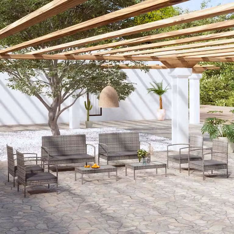 Set Divani da Giardino vidaXL 8 pz in Polyrattan e Metallo con Cuscini Grigio