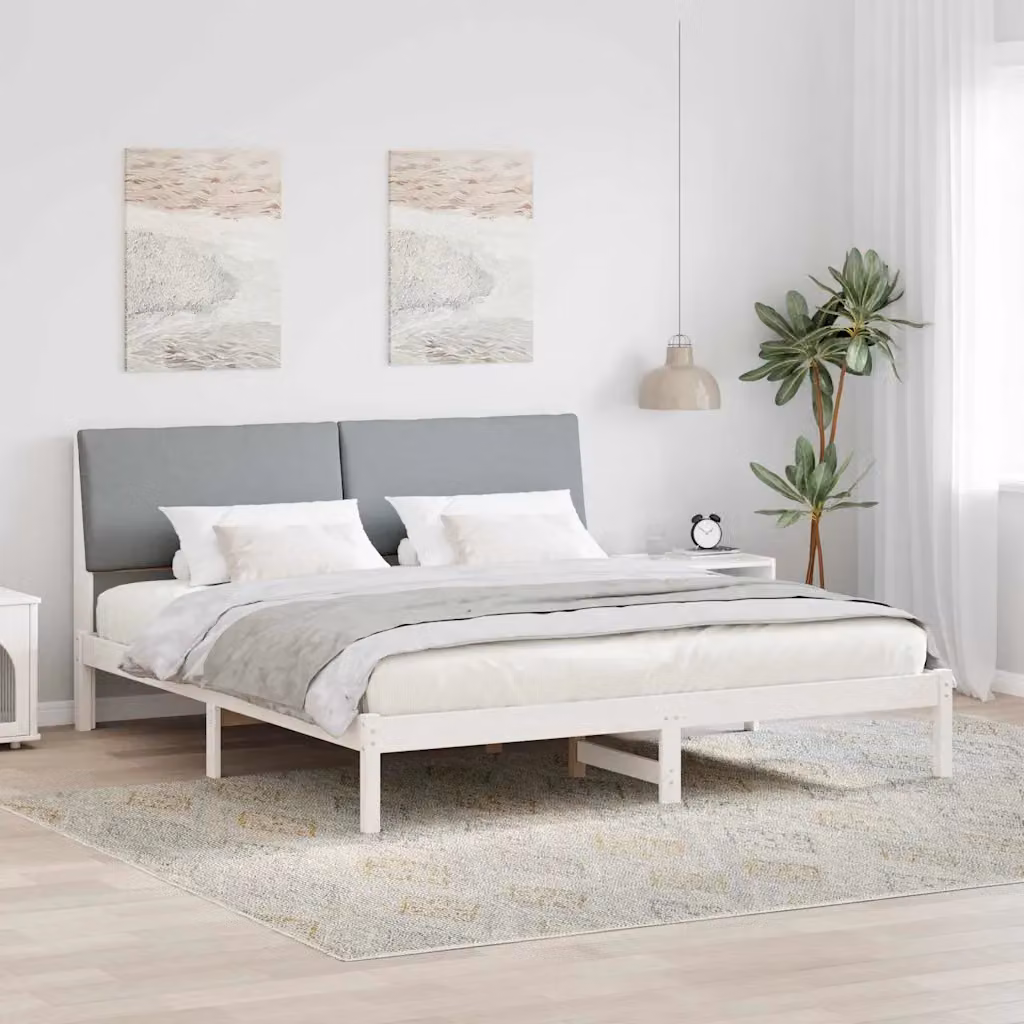 Struttura del letto moderna vidaXL in legno di pino e tessuto, Bianco e Grigio, L/P/H: 180 x 200 x 103,5 cm – 1