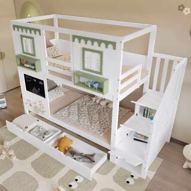 Letto a castello singolo 90 × 200 cm con 2 cassetti, scala contenitore e ganci, senza materasso, bianco e verde
