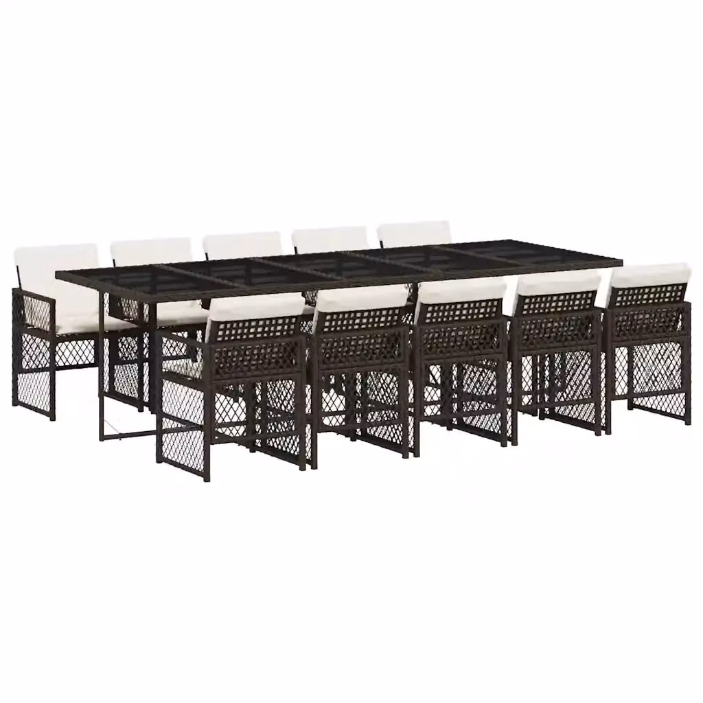 vidaXL Set da Pranzo da Giardino 11 pz in Polyrattan Marrone con Cuscini Bianchi e Tavolo in Vetro – 2