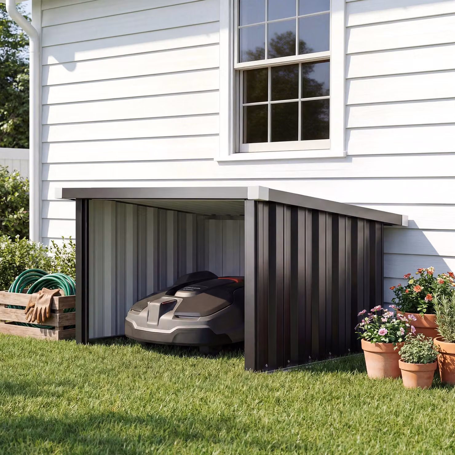 Garage per Robot Tagliaerba Outsunny con Tetto Inclinato in Acciaio Zincato, L: 108 cm, P: 86 cm, H: 62.5 cm, Grigio Antracite – 2