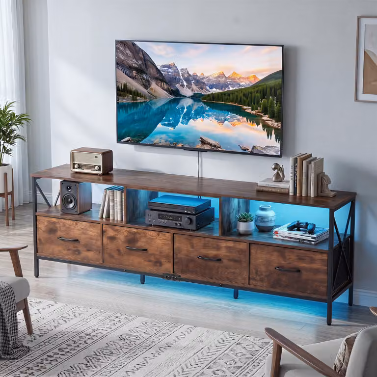 Mobile TV industriale Costway in legno marrone con luci LED dimmerabili e telecomando per soggiorno, adatto a schermi fino a 80 pollici