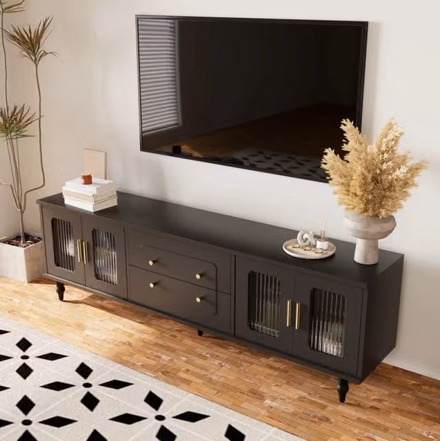 Mobile TV 175x38x55;5 cm; porte in vetro rigato e cassetti push-to-open; truciolare nero