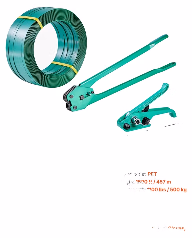 Kit per il fissaggio con cinghie, composto da: 1500 piedi di cinghie in PET, dispositivo di tensionamento manuale, 1500 piedi di cinghie