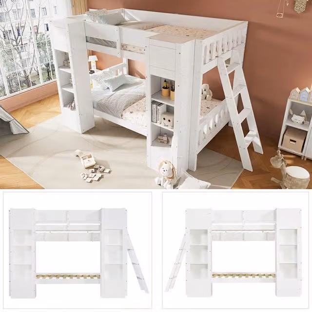 Letto a castello per bambini 90x200 cm; 2 armadi; scaffale e scala reversibile; legno massello e MDF; bianco