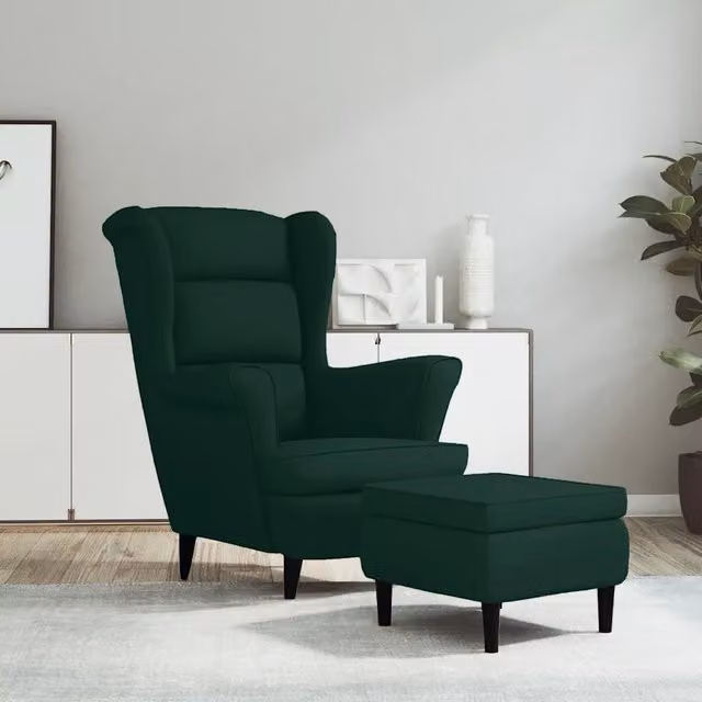 Poltrona con Schienale ad Ala e Poggiapiedi vidaXL in Velluto Verde Scuro con Struttura in Legno e Imbottitura in Schiuma L/P/H: 96.5 x 78.0 x 90.0 cm – 1