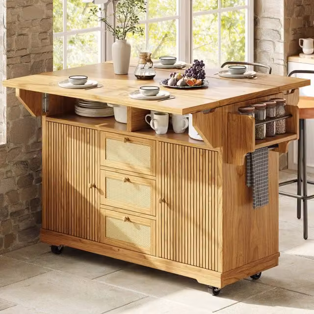 Carrello da cucina, credenza da cucina, mobile da cucina, con rotelle, piano di lavoro ribaltabile, 3 cassetti, colore naturale