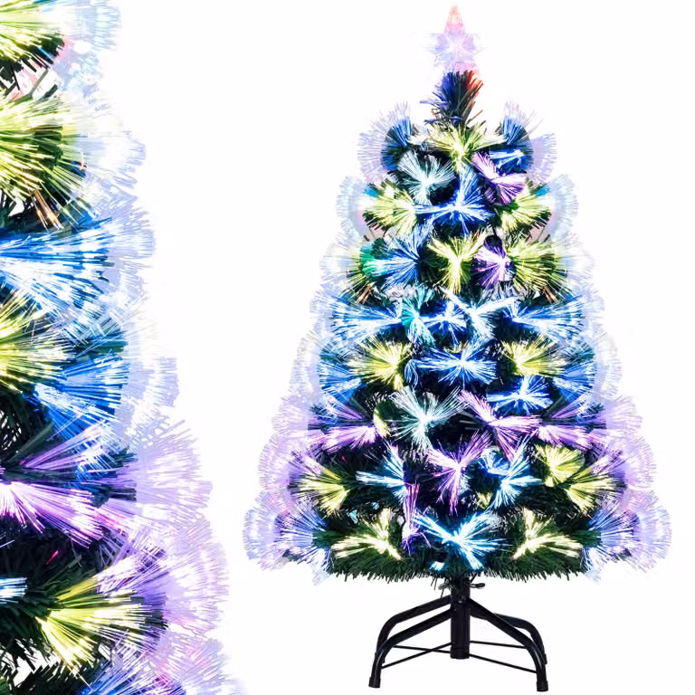 COSTWAY Albero di Natale artificiale da 90 cm, albero di Natale con illuminazione, LED bianchi, 8 modalità, 96 punte di rami in PVC, 96 viola, cima a stella & fibre di vetro