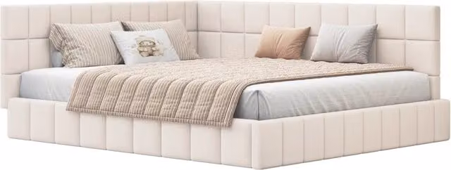 Letto singolo 160x200 cm trasformabile in divano con rete a doghe; velluto beige