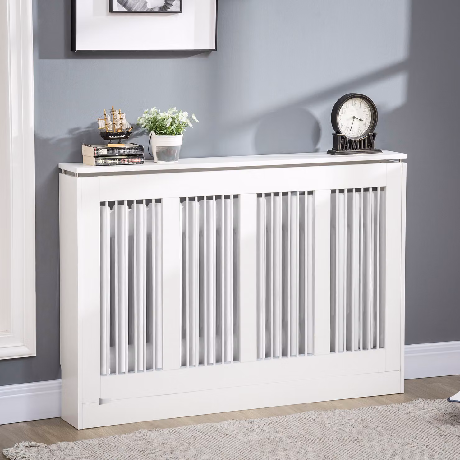 Copritermosifone Moderno HOMCOM in MDF e Acciaio, Colore Bianco, L 120 x P 18 x H 84 cm – 2