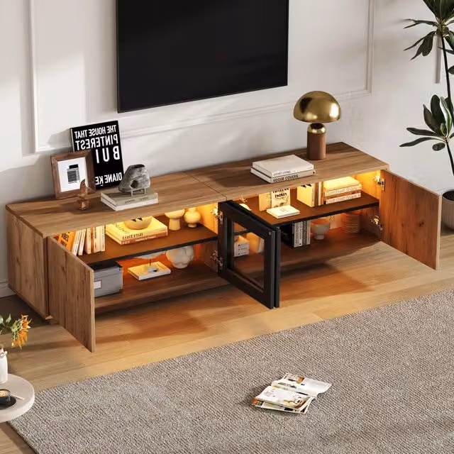 Mobile TV 180x40x45 cm, colore legno naturale e nero con vetro. Per TV fino a 75" (30 kg). Con 2 ante e striscia LED.