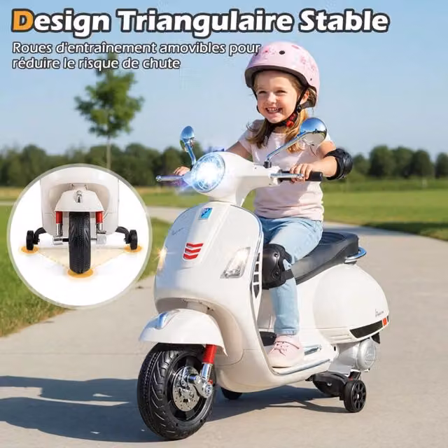 Moto elettrica Vespa bianca per bambini 3-6 anni con 2 motori da 30W, luci LED e suoni