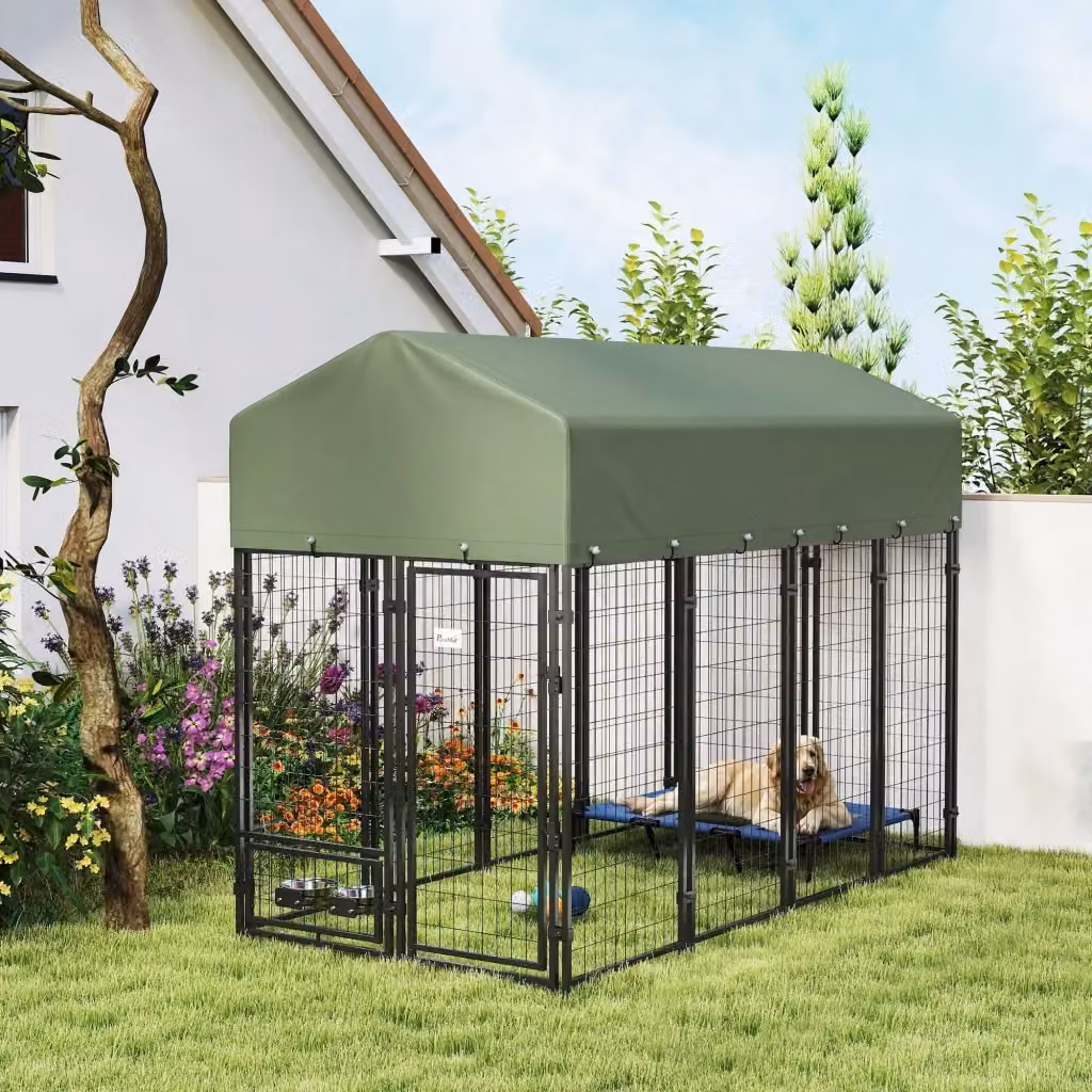 Recinto per Cani da Esterno GIORDANOSHOP Verde con Tetto in Tessuto Oxford Anti-UV Impermeabile e 2 Ciotole in Acciaio L: 244 cm, P: 122 cm, H: 183 cm – 2