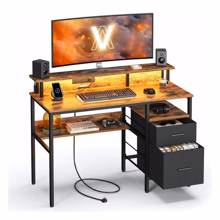 Scrivania per Computer con Luci a LED e Prese di Corrente Integrate, Marrone Vintage / 120l cm