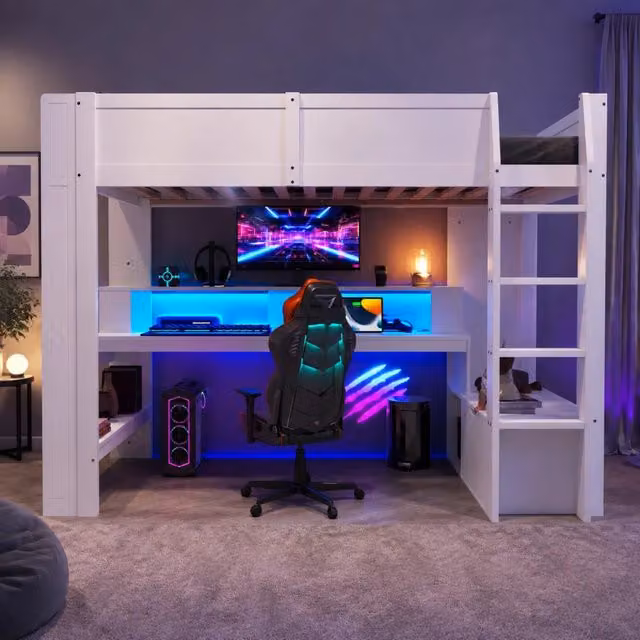 Letto a soppalco 90x200 cm con scrivania; LED 16 colori; cassetto e ripiani; bianco
