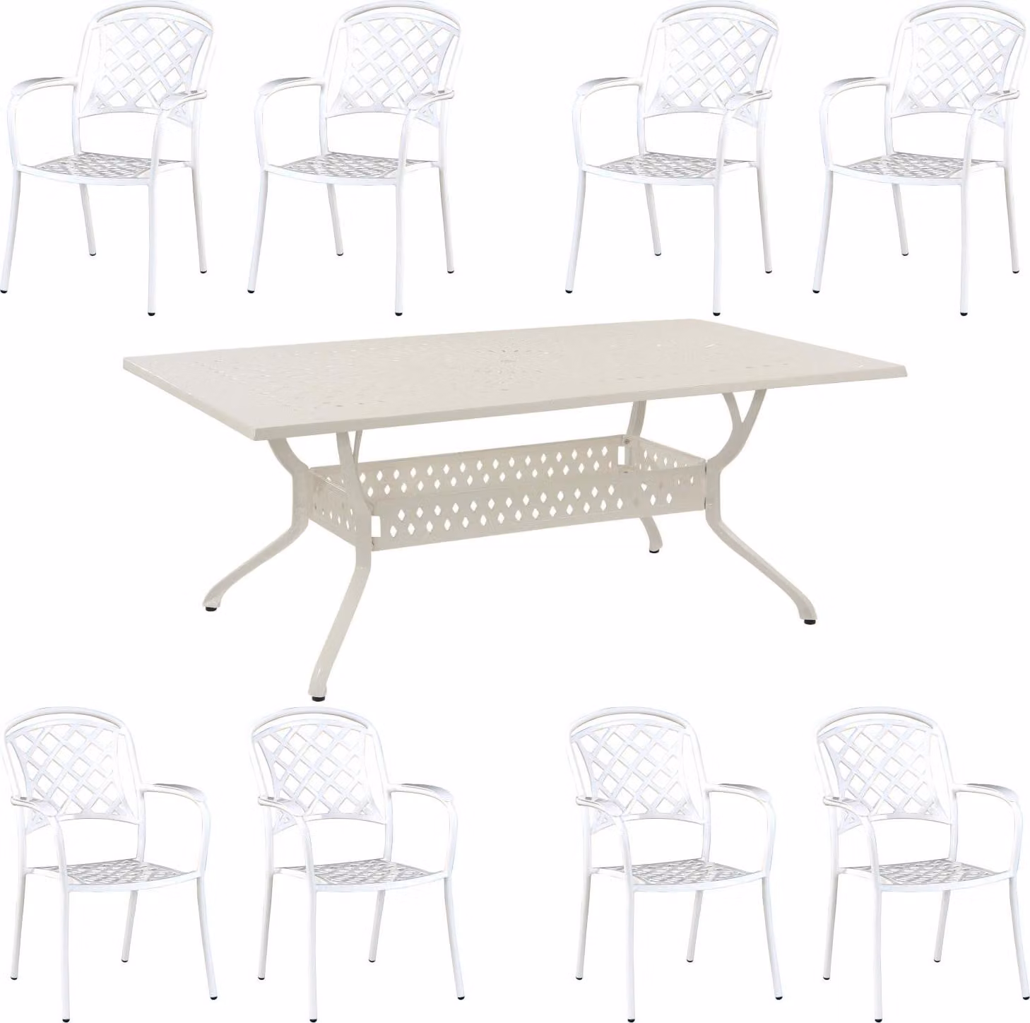 Inko Set da salotto 9 pezzi in alluminio pressofuso bianco Tavolo 215x107x74 cm con 8 poltrone