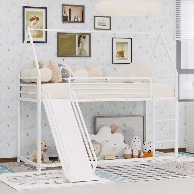 Letto a castello 90 x 190 cm per bambini a forma di casa con scivolo e scale, senza materasso a molle, facile da montare