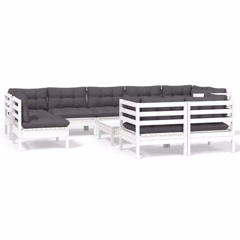 Set Divani da Giardino 10 pz con Cuscini Bianchi Legno di Pino