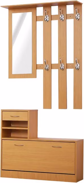 Set Mobili Ingresso Moderno Design In in Legno Marrone con Specchio, Scarpiera, Appendiabiti con 6 Ganci e 2 Ripiani Regolabili, L/P/H: 90 x 24 x 166 cm