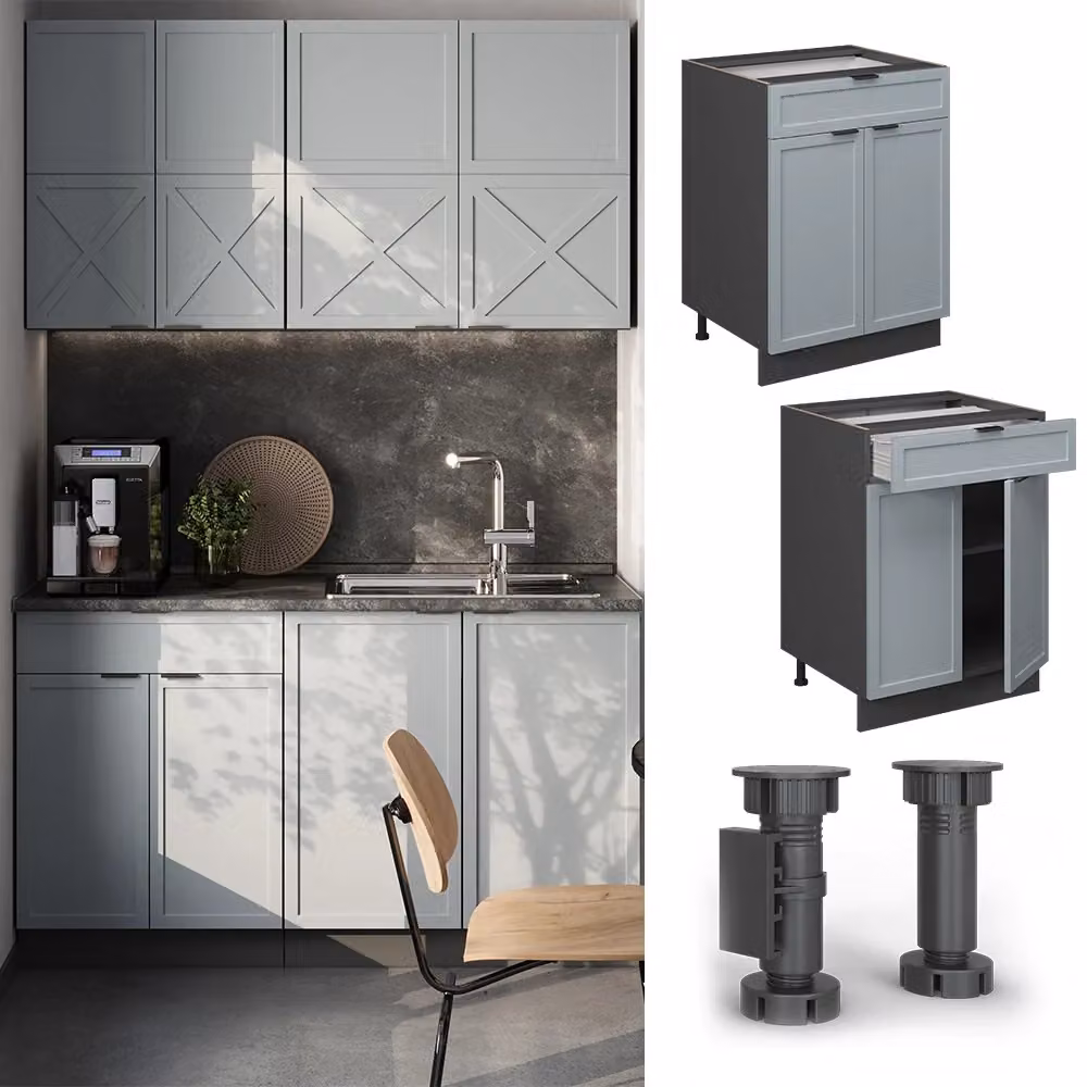 Mobiletto base per cucina Vicco Fame-Line Blu-grigio chiaro/Antracite con cassetto, senza piano di lavoro, L: 60 cm, H: 82 cm, P: 51,6 cm – 2