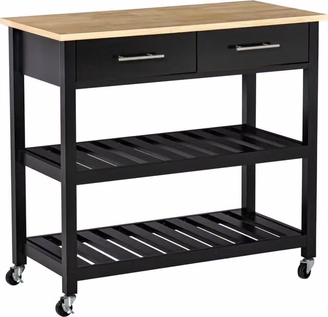 Carrello di servizio da cucina HOMCOM moderno con 2 ripiani, 2 cassetti e ruote, nero e legno naturale – 1