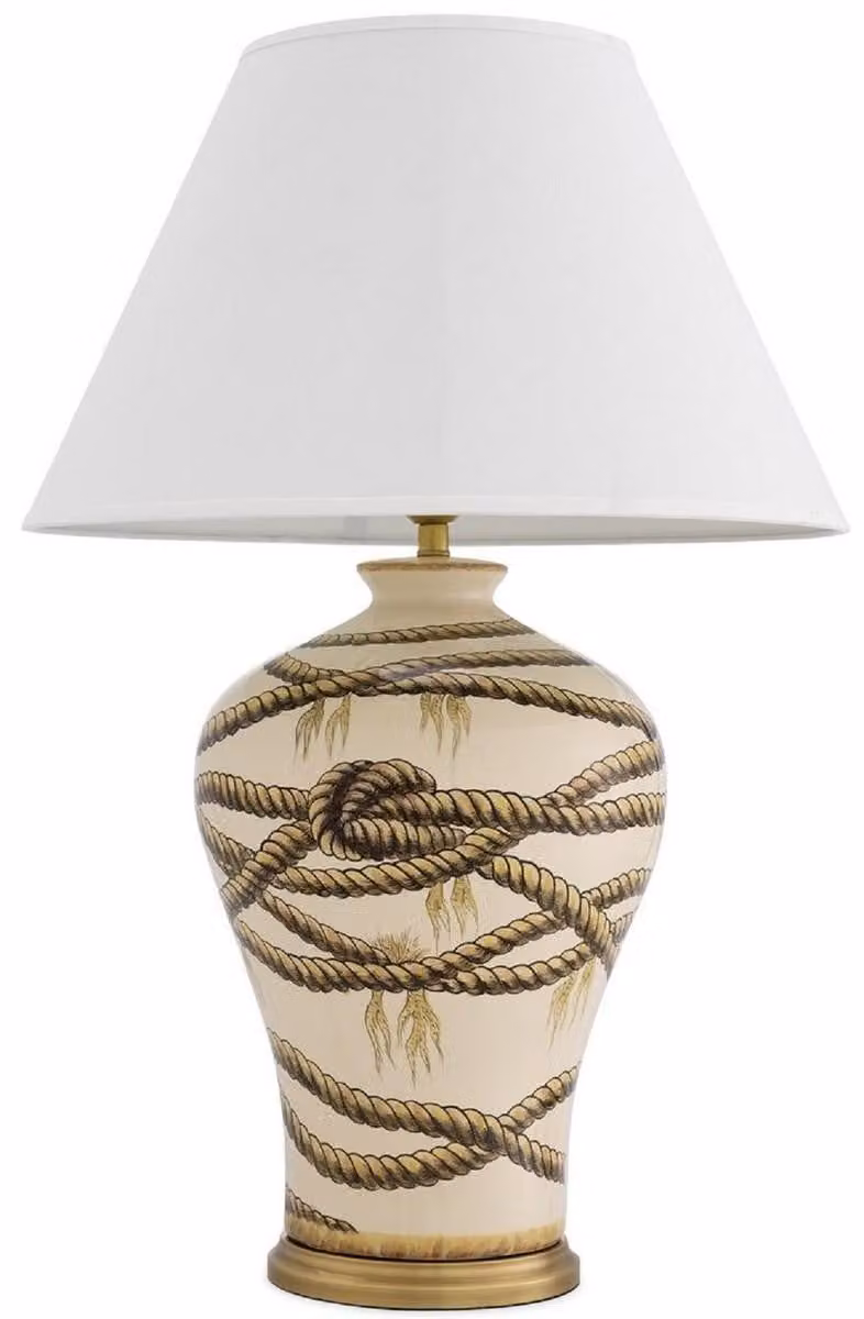 Casa Padrino lampada da tavolo beige / ottone antico / bianco Ø 56 x H. 86 cm - Lampada da tavolo in porcellana dipinta a mano - Collezione Luxury