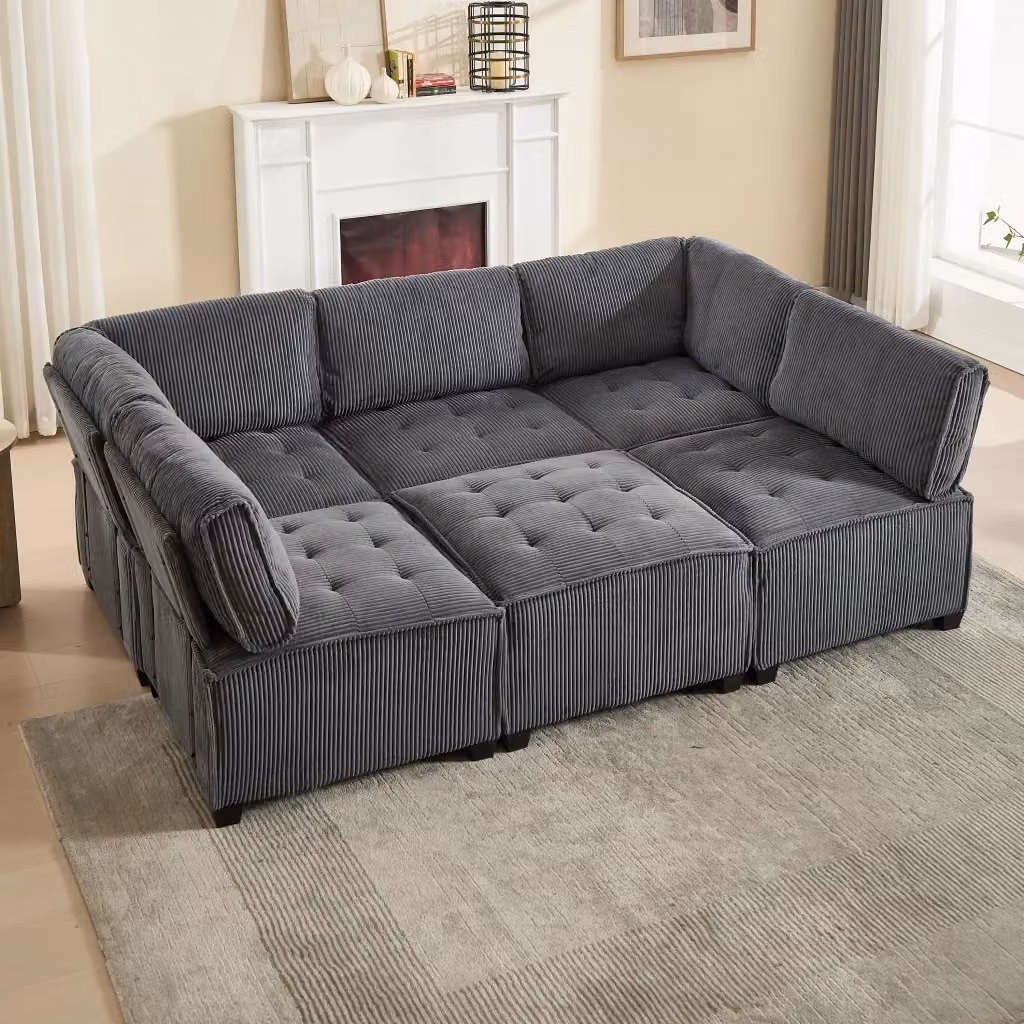 Divano modulare OKWISH da 6 posti in velluto a coste grigio con schienale ergonomico e tasche laterali, struttura in legno e metallo – 2