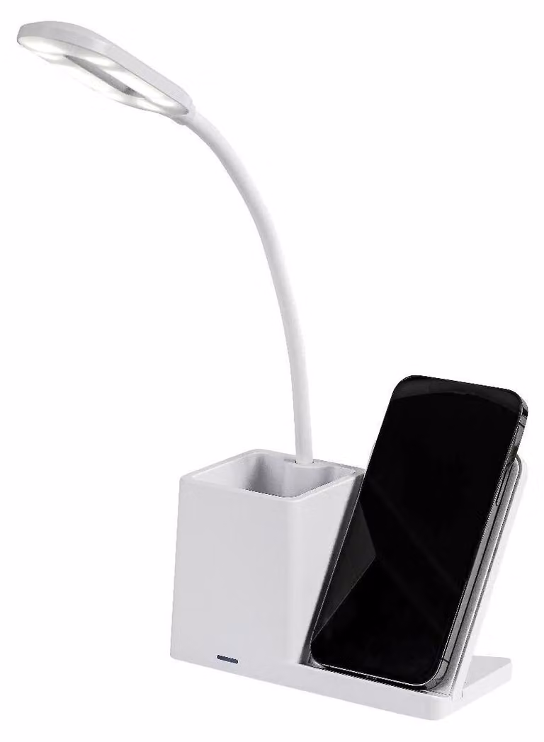 Lampada da scrivania moderna bianca regolabile con portapenne e porta smartphone per ufficio LED dimmerabile a colori 4W USB CERIE Rabalux
