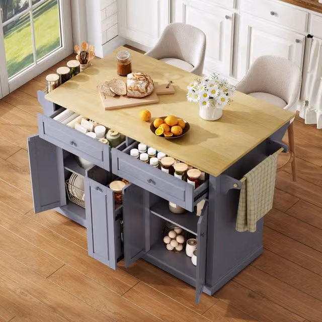 Isola cucina mobile con piano ribaltabile in MDF naturale e grigio; ruote bloccabili; 121 x 49-69 x 89 cm