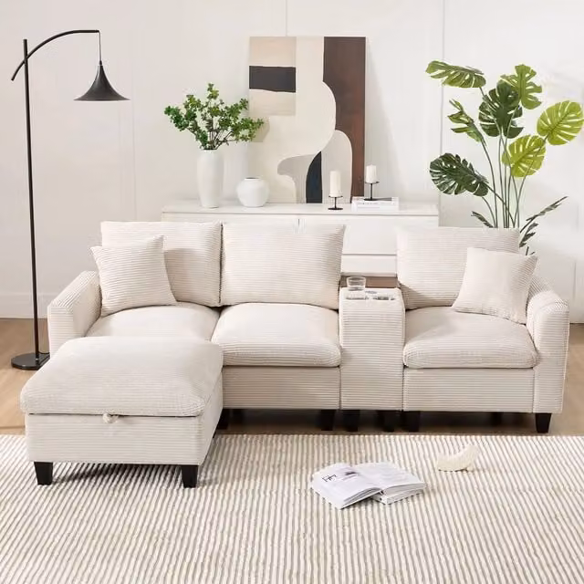 Divano angolare a L - Xylo - Velluto, console con USB, ripostiglio, beige