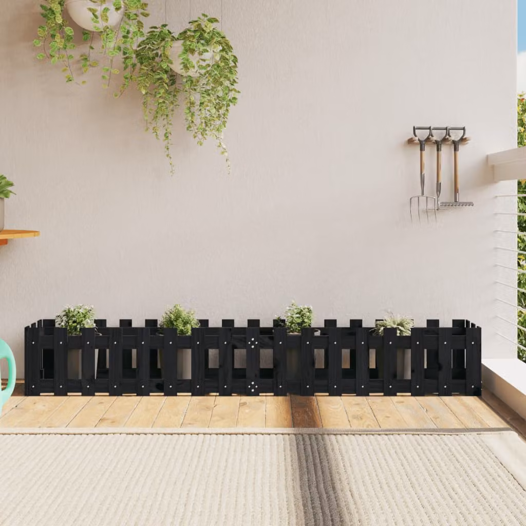 Fioriera da giardino a recinzione vidaXL in legno di pino massello, colore nero, L 200 x P 30 x H 30 cm