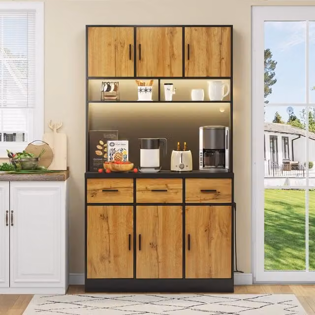 Armadio Buffet REDOM con Illuminazione LED e App, in MDF, Colore Nero e Naturale, L: 100 cm, P: 40 cm, H: 180 cm
