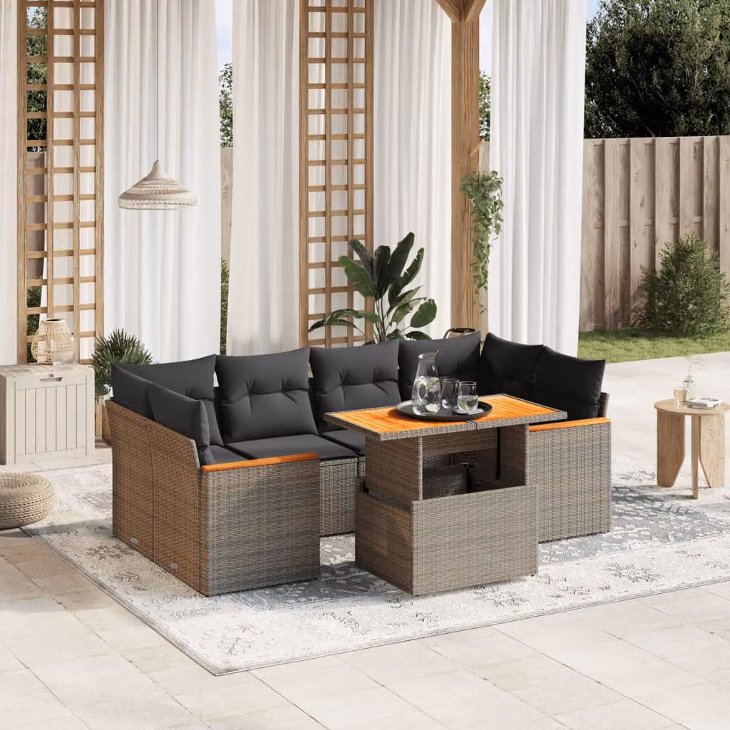 vidaXL Set Divani da Giardino 7 pz in Polyrattan Grigio con Cuscini e Tavolino – 1
