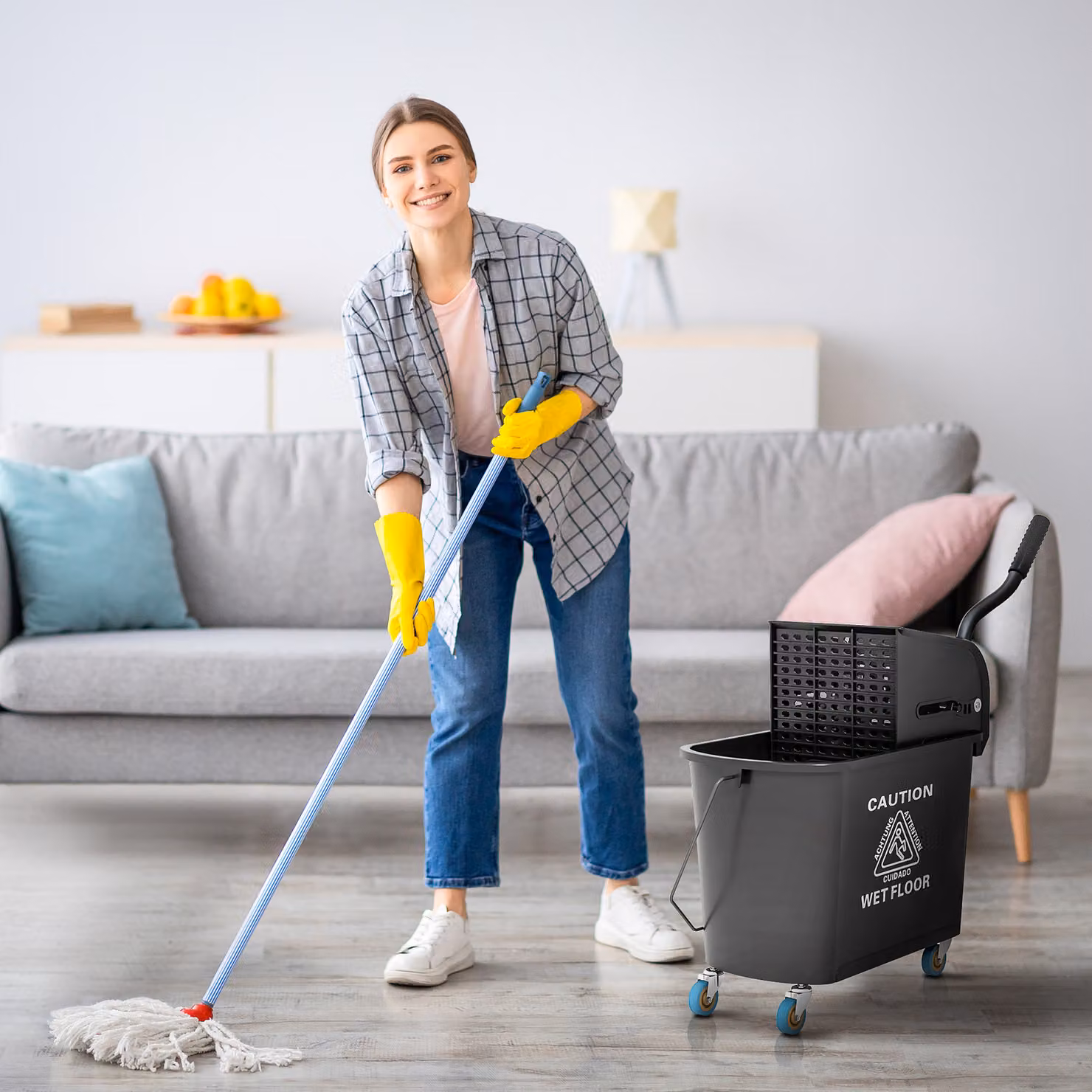 Carrello per pulizie HOMCOM in plastica con secchio da 20L e strizzatore, Nero, L: 60 cm, P: 27 cm, H: 70.5 cm – 2