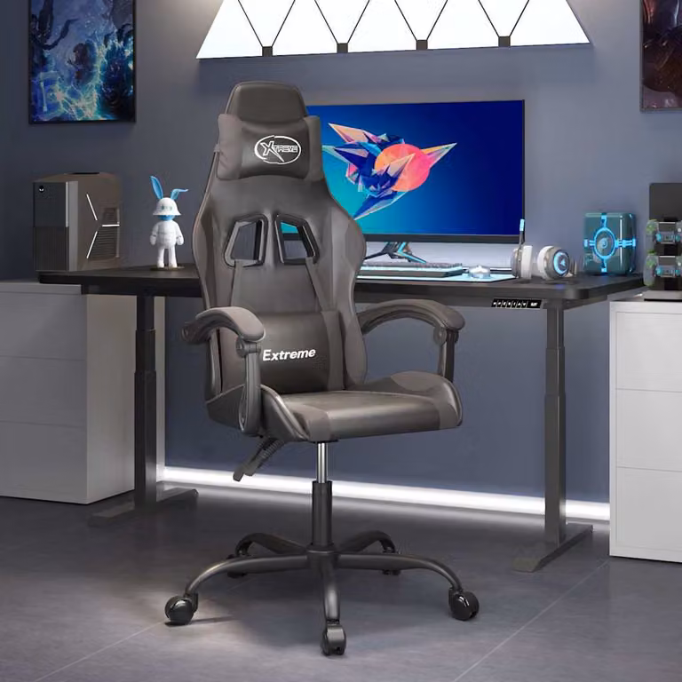 Sedia da Gaming vidaXL Nera e Grigia in Similpelle con Poggiatesta e Ruote