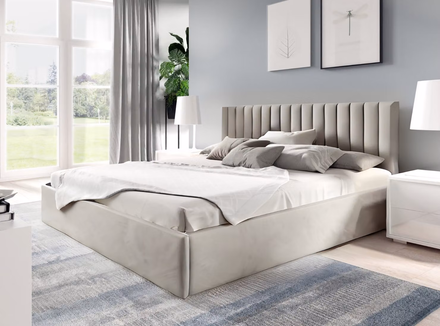 GUTTO Letto imbottito 180x200, struttura in metallo, rete a doghe, colore beige, rivestito in velluto, velluto goffrato, con spazio contenitore