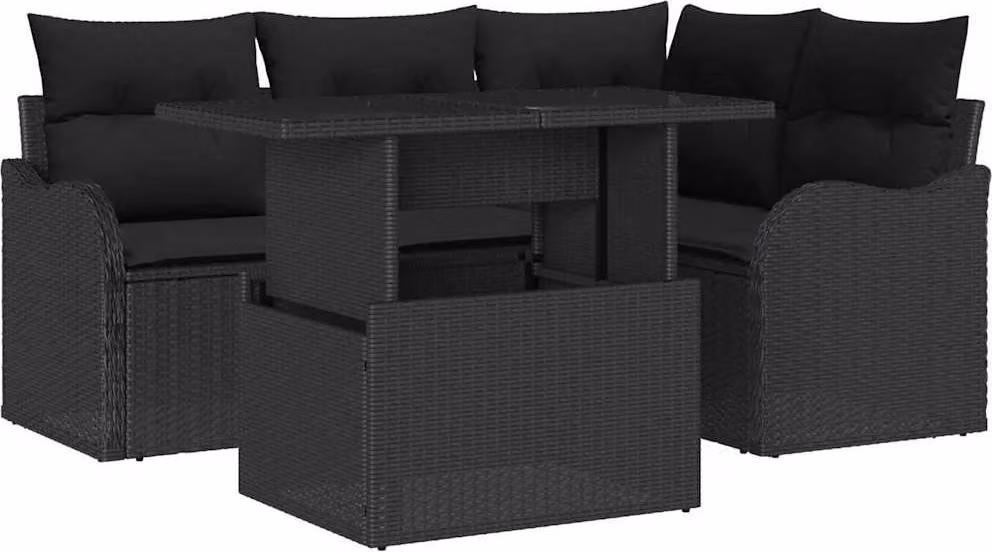 Set da pranzo per esterni con cuscino 5 pcs Nero Poly Rattan