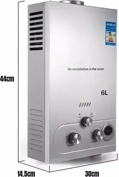 Scaldabagno a gas GPL, potenza 16 kW, portata acqua calda 8 l/min, design a parete, 6 l