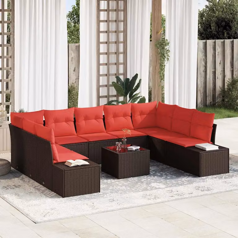 Set Divano da Giardino vidaXL 10 Pezzi a Forma di U in Polyrattan Marrone con Tavolino e Cuscini