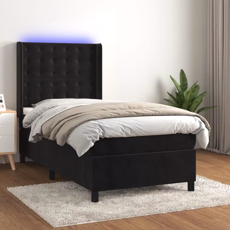 vidaXL Letto Ibrido con Materasso e Illuminazione LED in Velluto Nero L/P/H: 100 x 200 x 103 cm