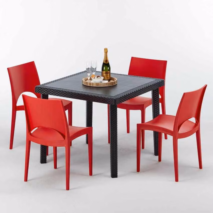 Tavolo quadrato nero e 4 sedie in polipropilene colorato per esterni Grand Soleil Paris Passion - Rosso