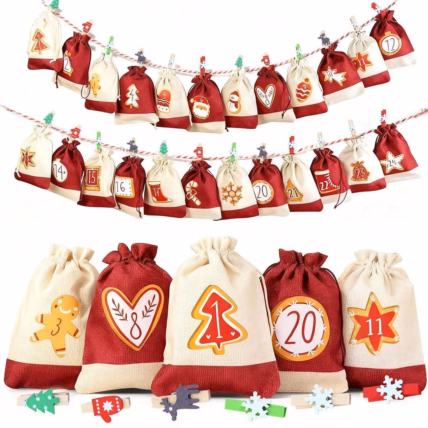 Calendario dell'Avvento in tessuto, da riempire, confezione da 24 pezzi, dimensioni 10 x 14 cm, con accessori