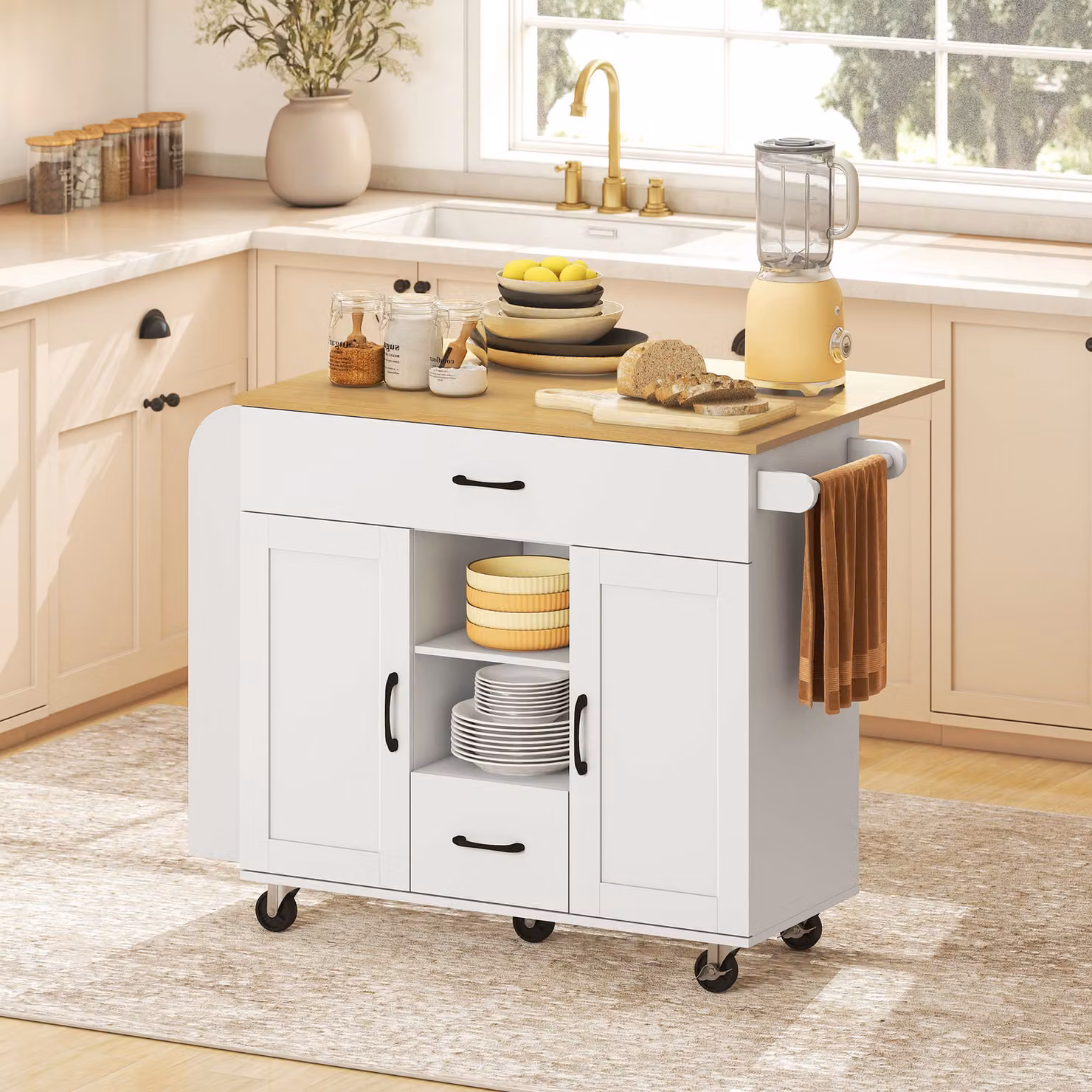 Isola da cucina HOMCOM in MDF con piano estraibile e ante soft close, Bianco, L: 115 cm, P: 70 cm, H: 89 cm – 2